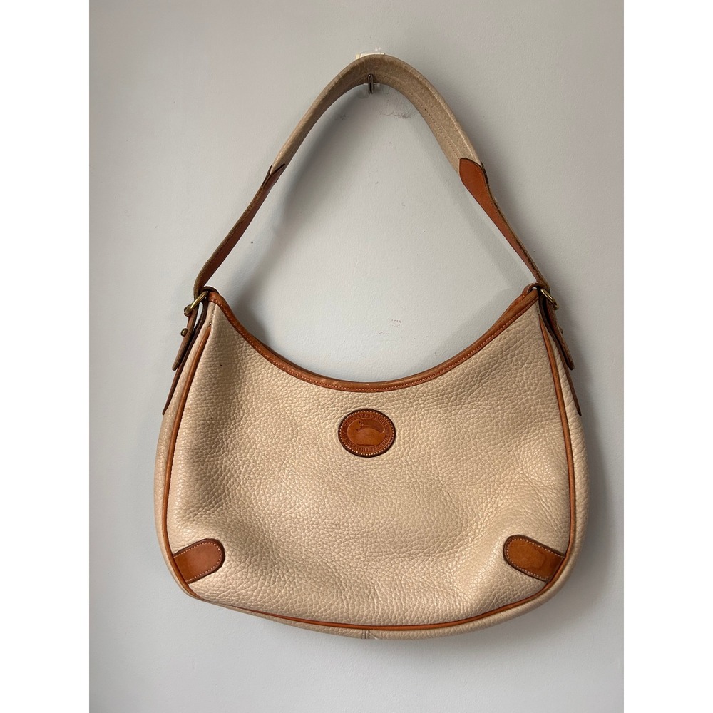 Vintage Dooney & Bourke All Weather Leather Hobo Bag Cream Tan Duck Fob